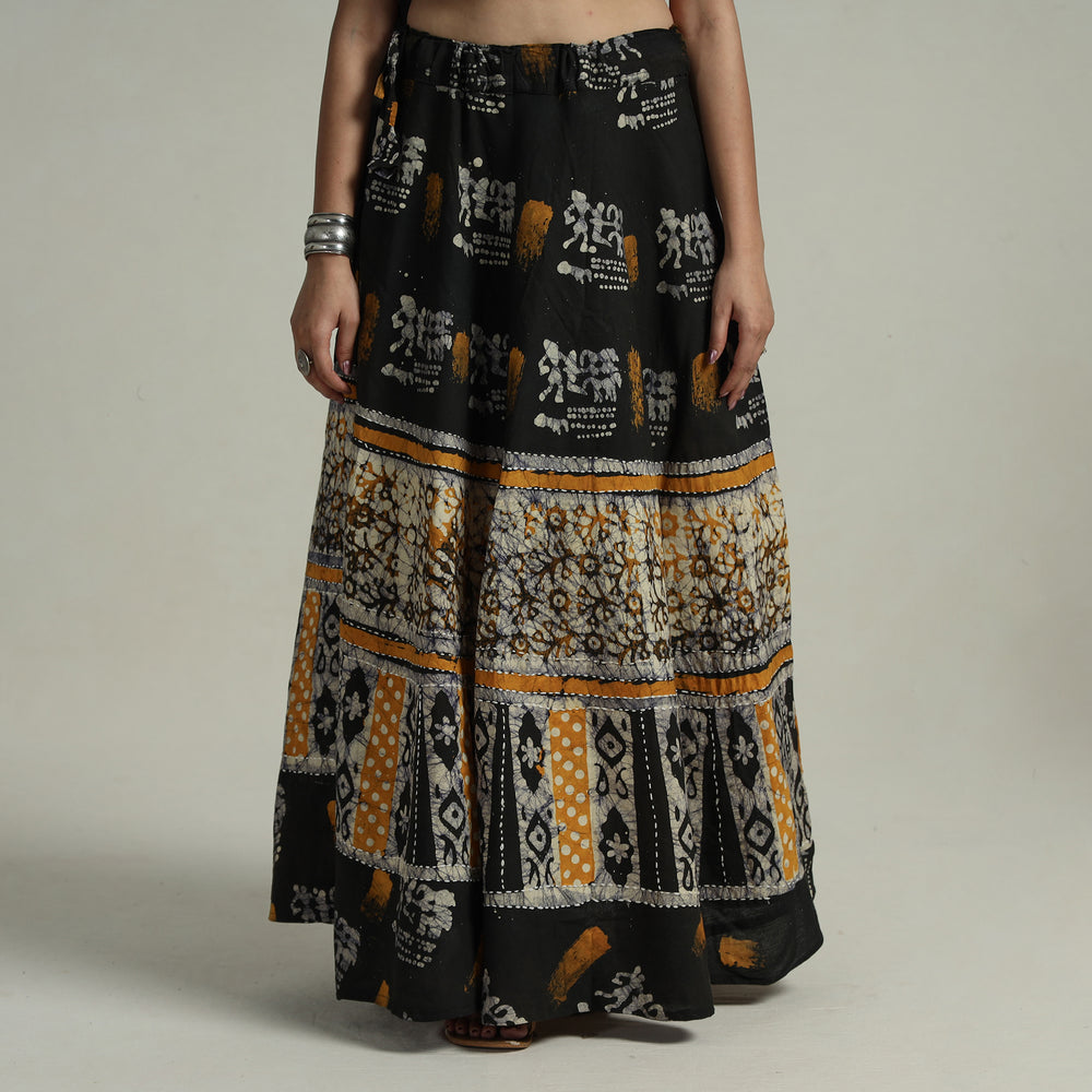 Black - Hand Batik Printed Running Stitch Cotton Long Skirt 88