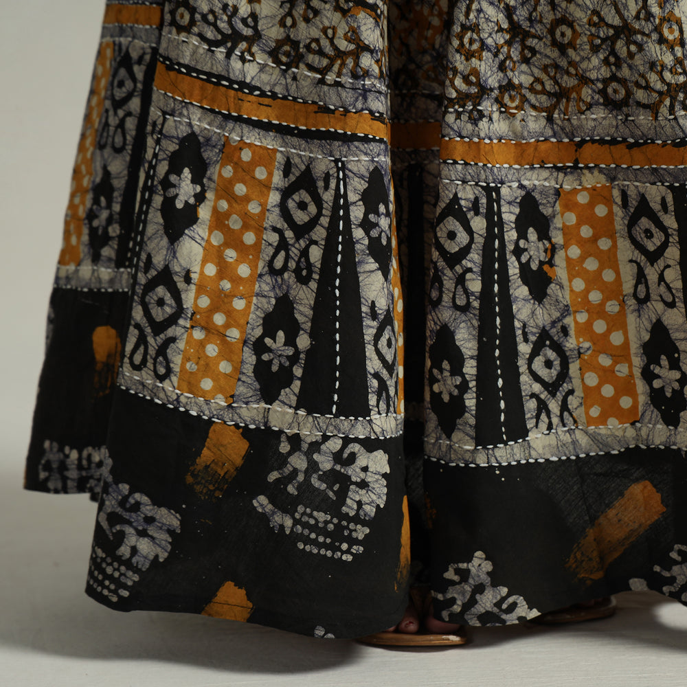 Black - Hand Batik Printed Running Stitch Cotton Long Skirt 88