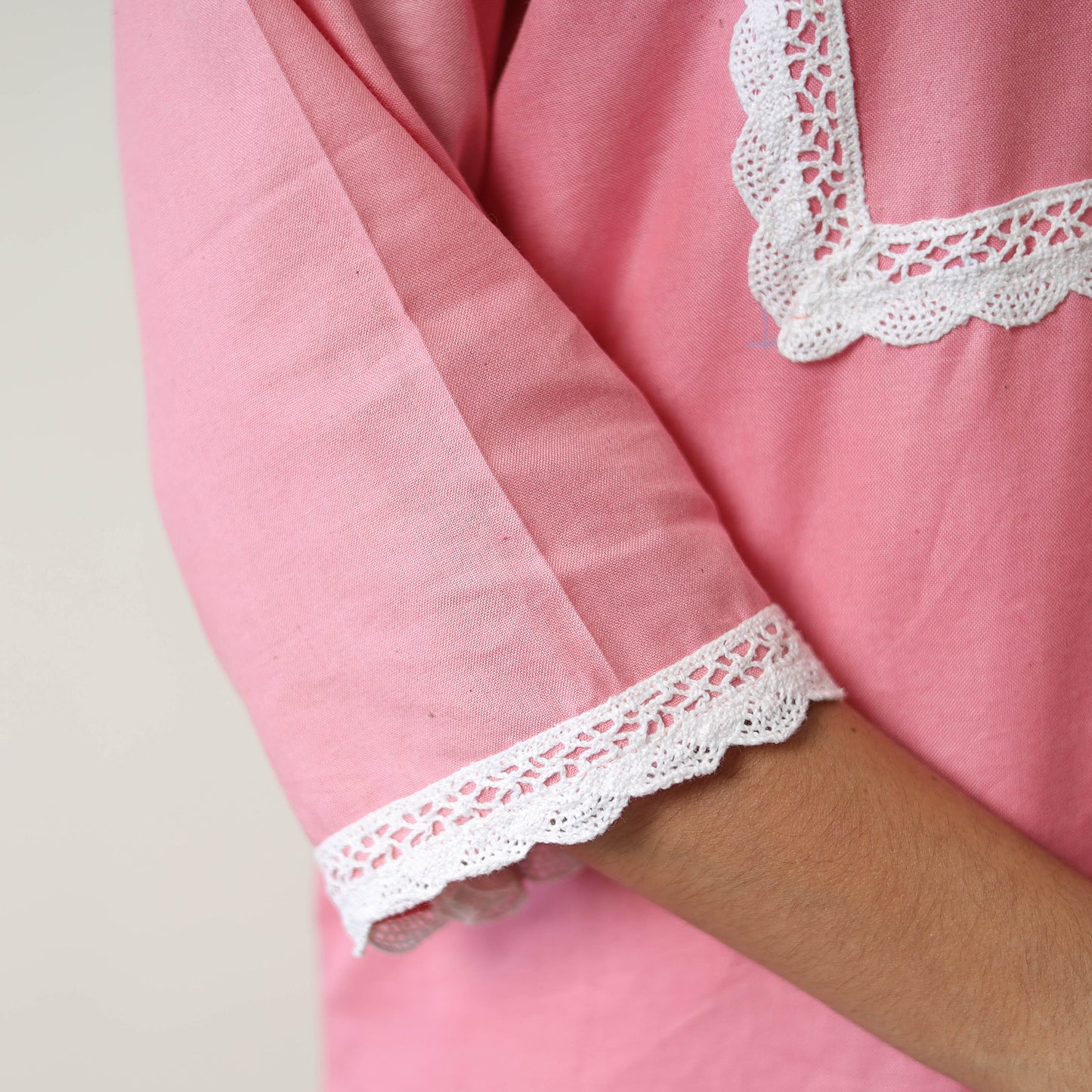 Rosie Pink Linen Cotton Plain Kurta with Lace Work