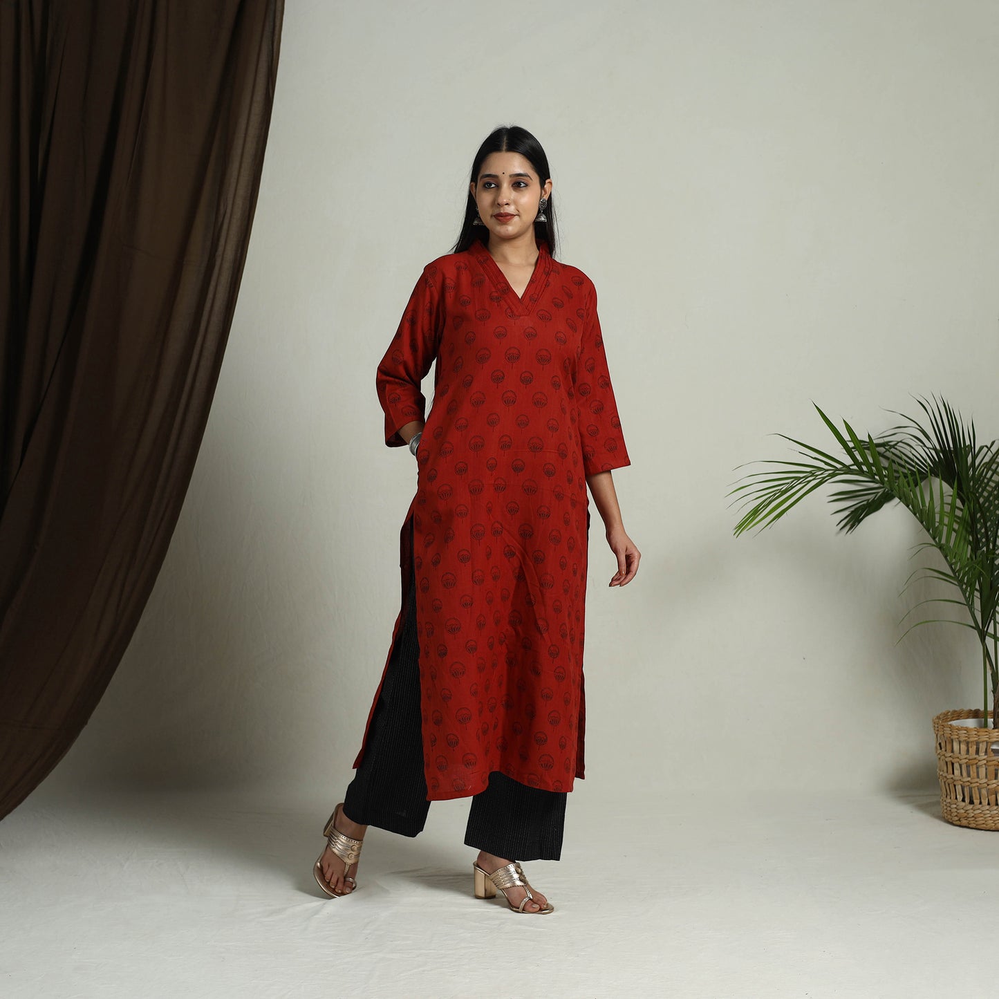 Red Block Print Handwoven Cotton Straight Mangalagiri Kurta