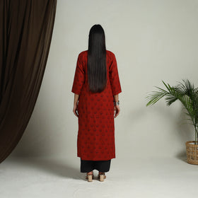 Red Block Print Handwoven Cotton Straight Mangalagiri Kurta