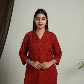 Red Block Print Handwoven Cotton Straight Mangalagiri Kurta