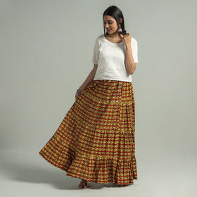 Yellow Sanganeri Block Printed Tiered Cotton Long Skirt