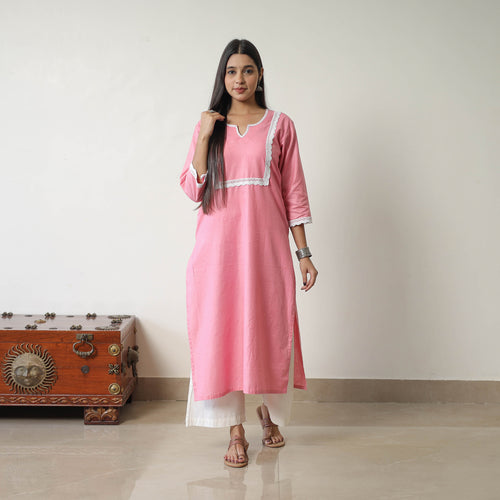 Rosie Pink Linen Cotton Plain Kurta with Lace Work