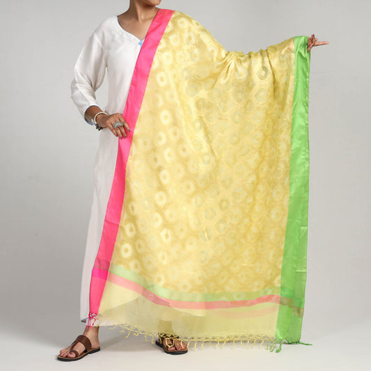 Yellow - Traditional Chanderi Silk Handloom Zari Work Dupatta with Tassels
