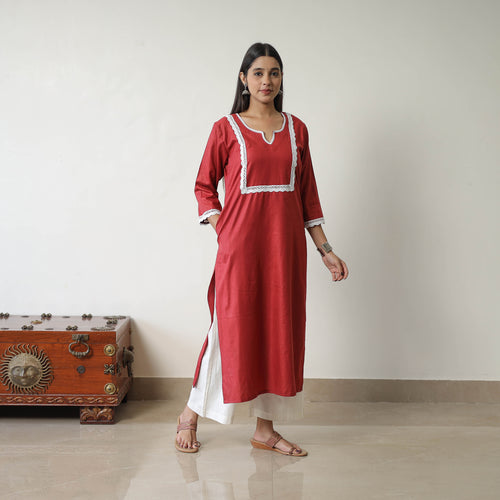 Kiara Maroon Linen Cotton Plain Kurta with Lace Work