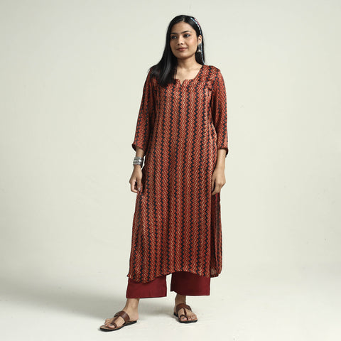 Red - Ajrakh Block Printed Modal Silk Kurta with Palazzo Set