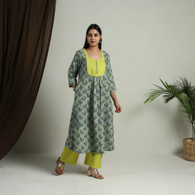 Green Block Print Handwoven Cotton A-Line Mangalagiri Kurta