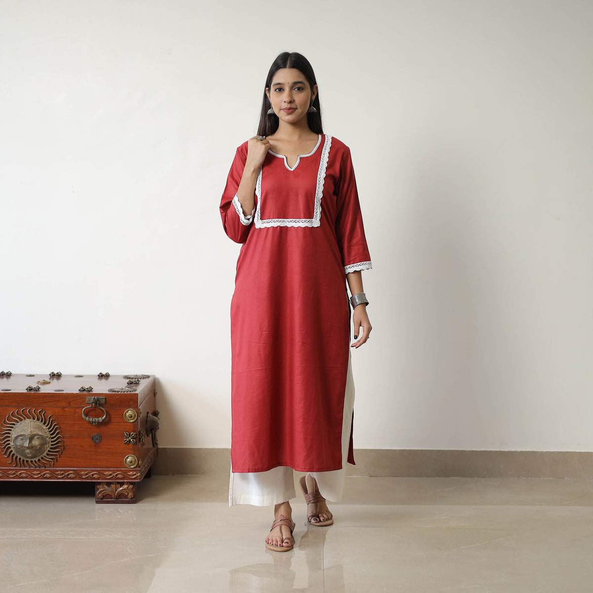 Kiara Maroon Linen Cotton Plain Kurta with Lace Work