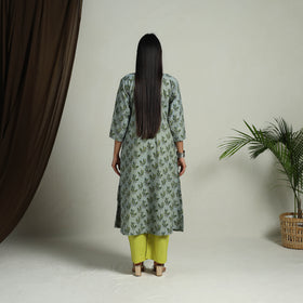 Green Block Print Handwoven Cotton A-Line Mangalagiri Kurta