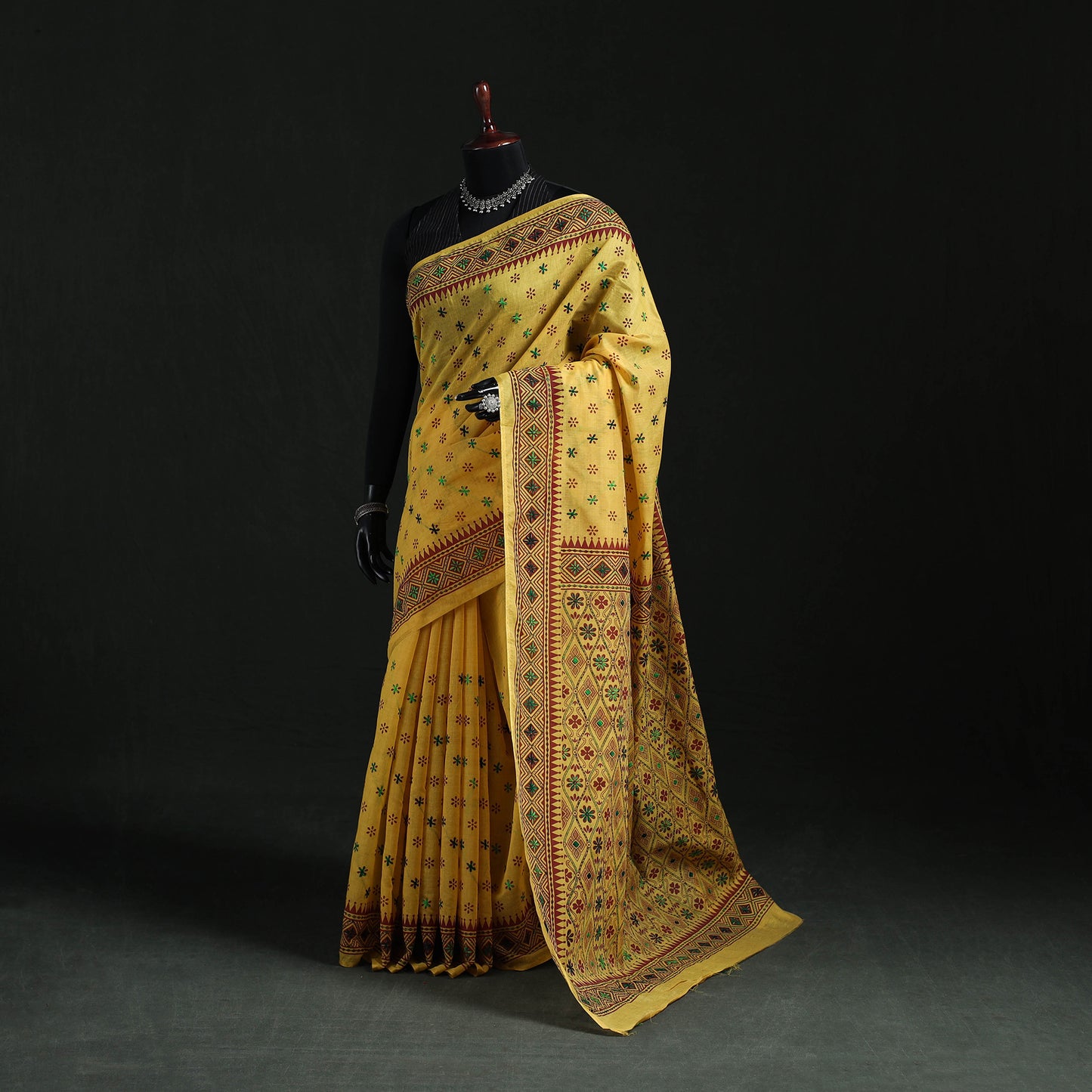 Yellow - Bengal Kantha Hand Embroidery Silk Cotton Chapa Work Saree 19