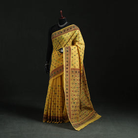 Yellow - Bengal Kantha Hand Embroidery Silk Cotton Chapa Work Saree 19