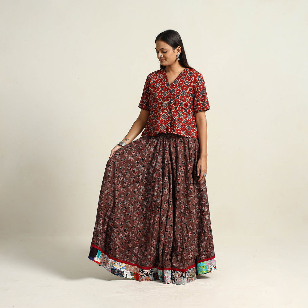 Brown - Hand Block Printed Cotton Long Ajrakh Skirt 12