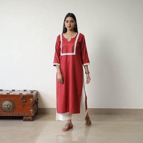 Kiara Maroon Linen Cotton Plain Kurta with Lace Work