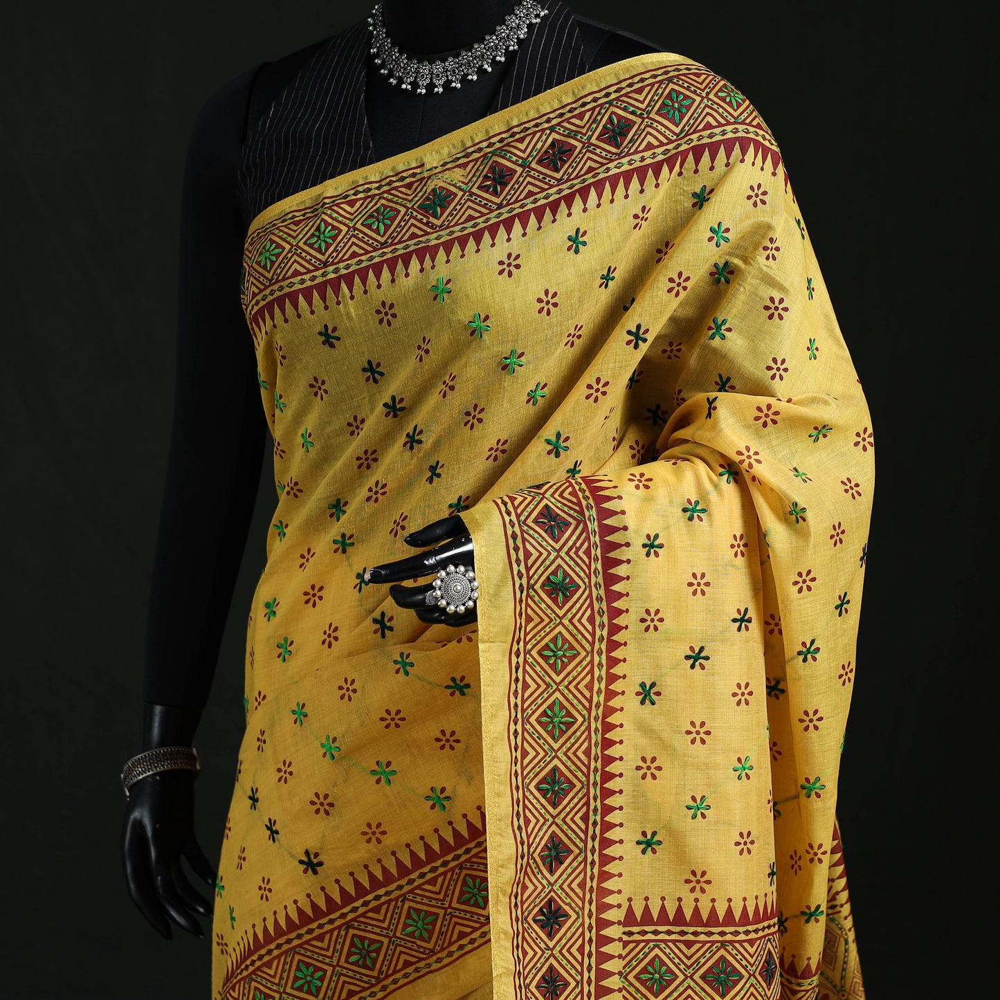 Yellow - Bengal Kantha Hand Embroidery Silk Cotton Chapa Work Saree 19