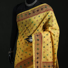 Yellow - Bengal Kantha Hand Embroidery Silk Cotton Chapa Work Saree 19