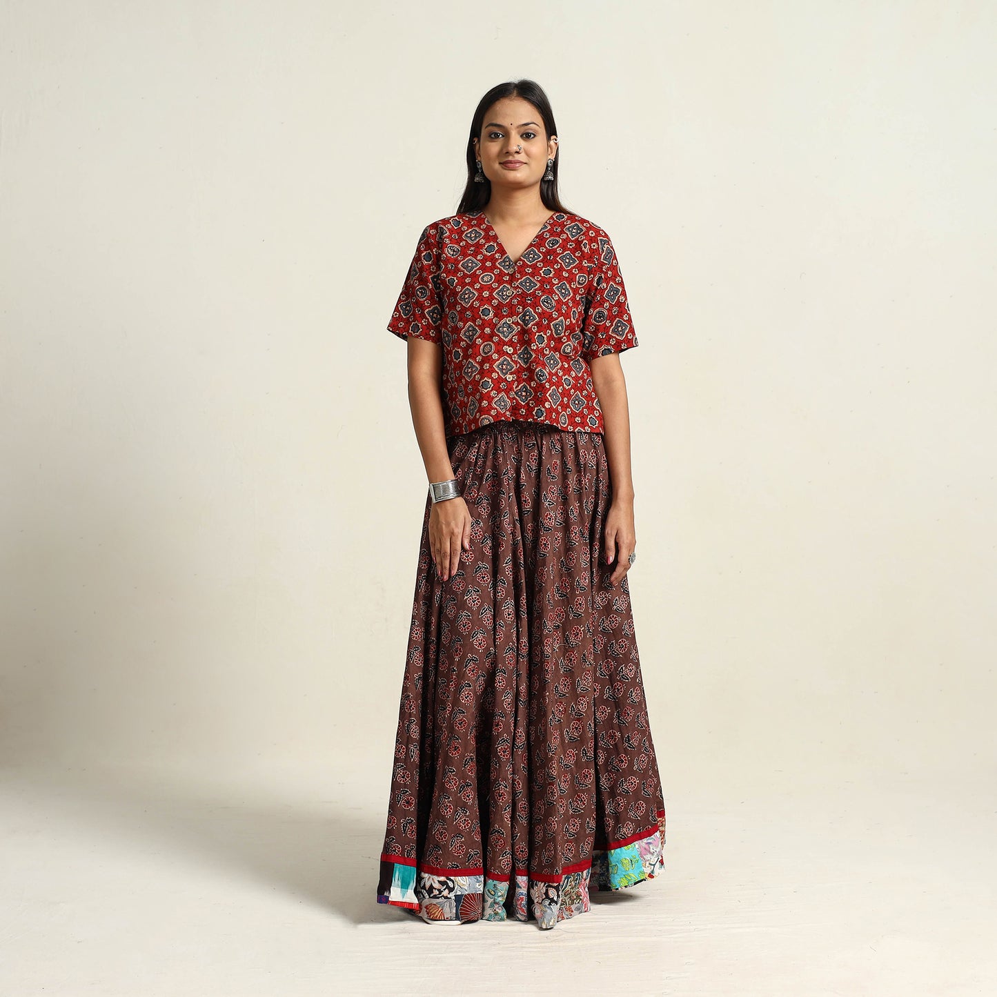 Brown - Hand Block Printed Cotton Long Ajrakh Skirt 12