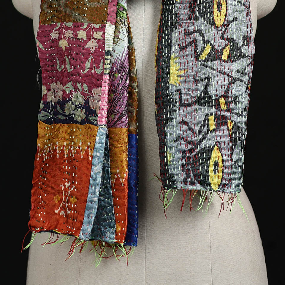 Bengal Kantha Handwork Patchwork Reversible Silk Stole 01