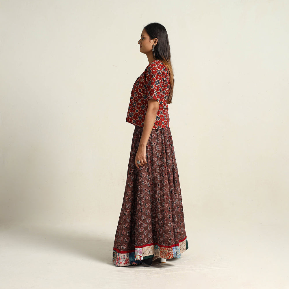 Brown - Hand Block Printed Cotton Long Ajrakh Skirt 12