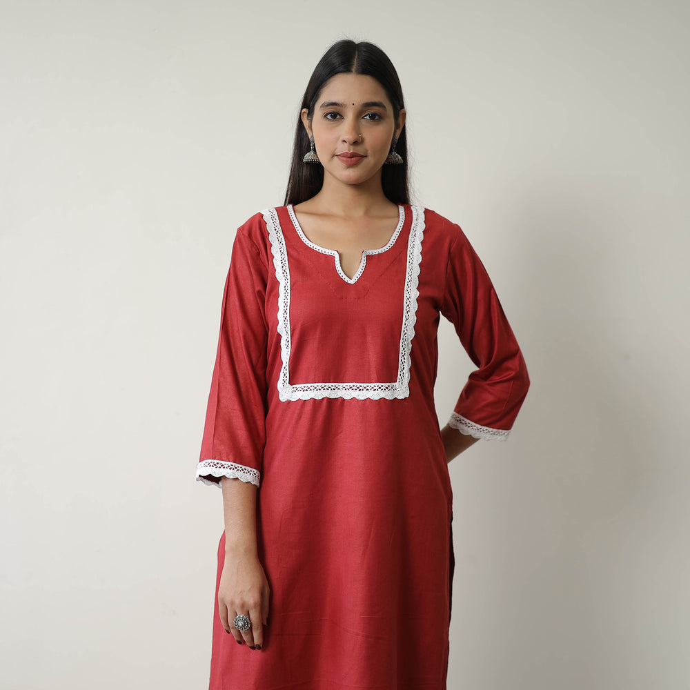 Kiara Maroon Linen Cotton Plain Kurta with Lace Work