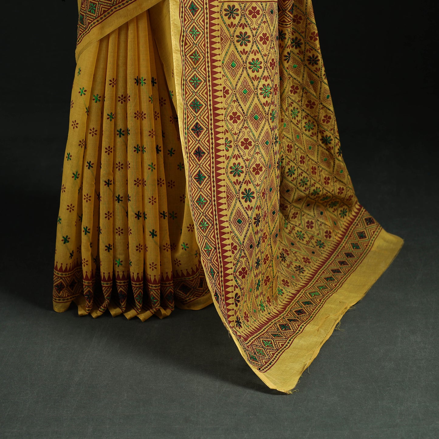 Yellow - Bengal Kantha Hand Embroidery Silk Cotton Chapa Work Saree 19