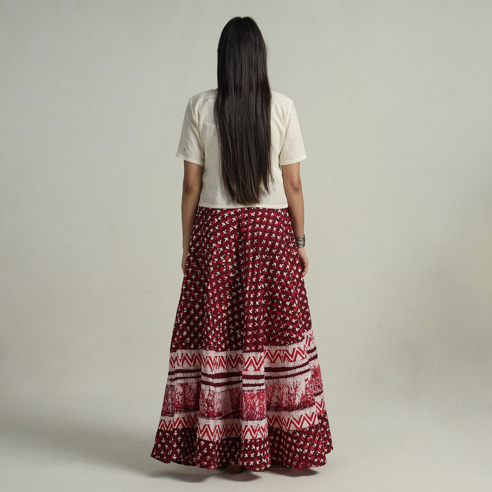 Maroon - Hand Batik Printed Running Stitch Cotton Long Skirt 90