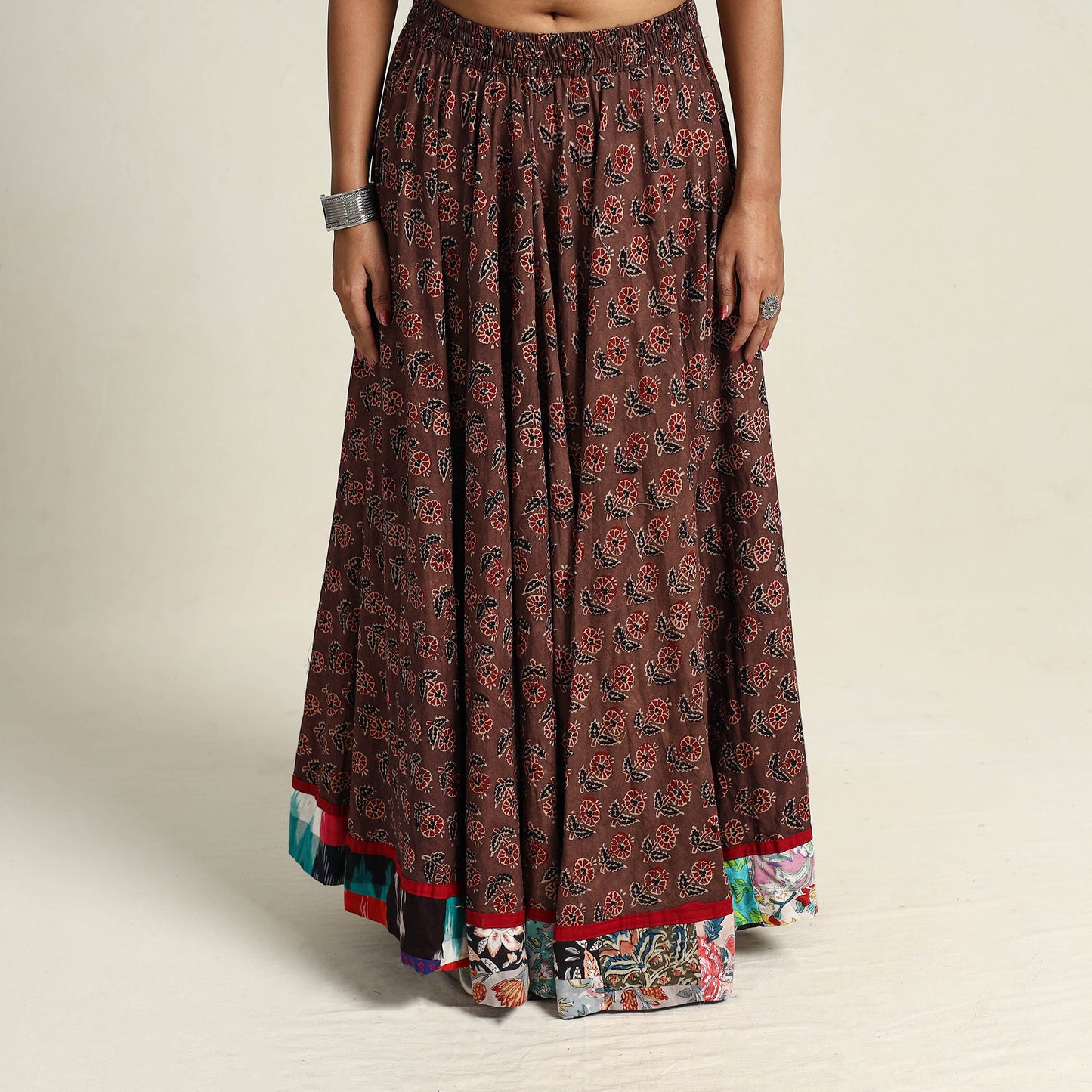 Brown - Hand Block Printed Cotton Long Ajrakh Skirt 12