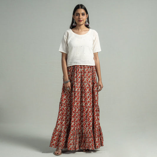 Red - Sanganeri Block Printed Tiered Cotton Long Skirt