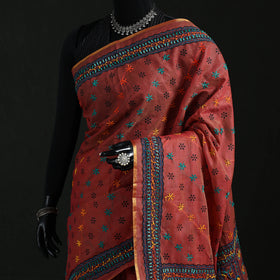 Red - Bengal Kantha Hand Embroidery Silk Cotton Chapa Work Saree 20