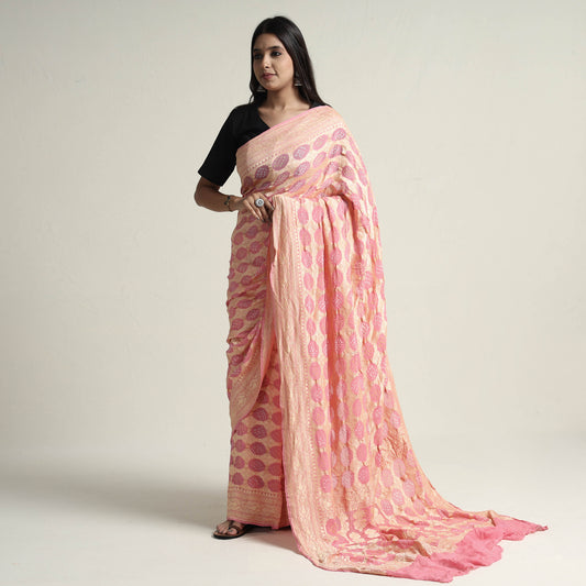 Pink - Kutch Bandhani Tie-Dye Pure Georgette Banarasi Neem Zari Jaal Saree