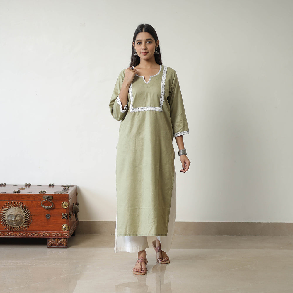 Ruhi Green Linen Cotton Plain Kurta with Lace Work