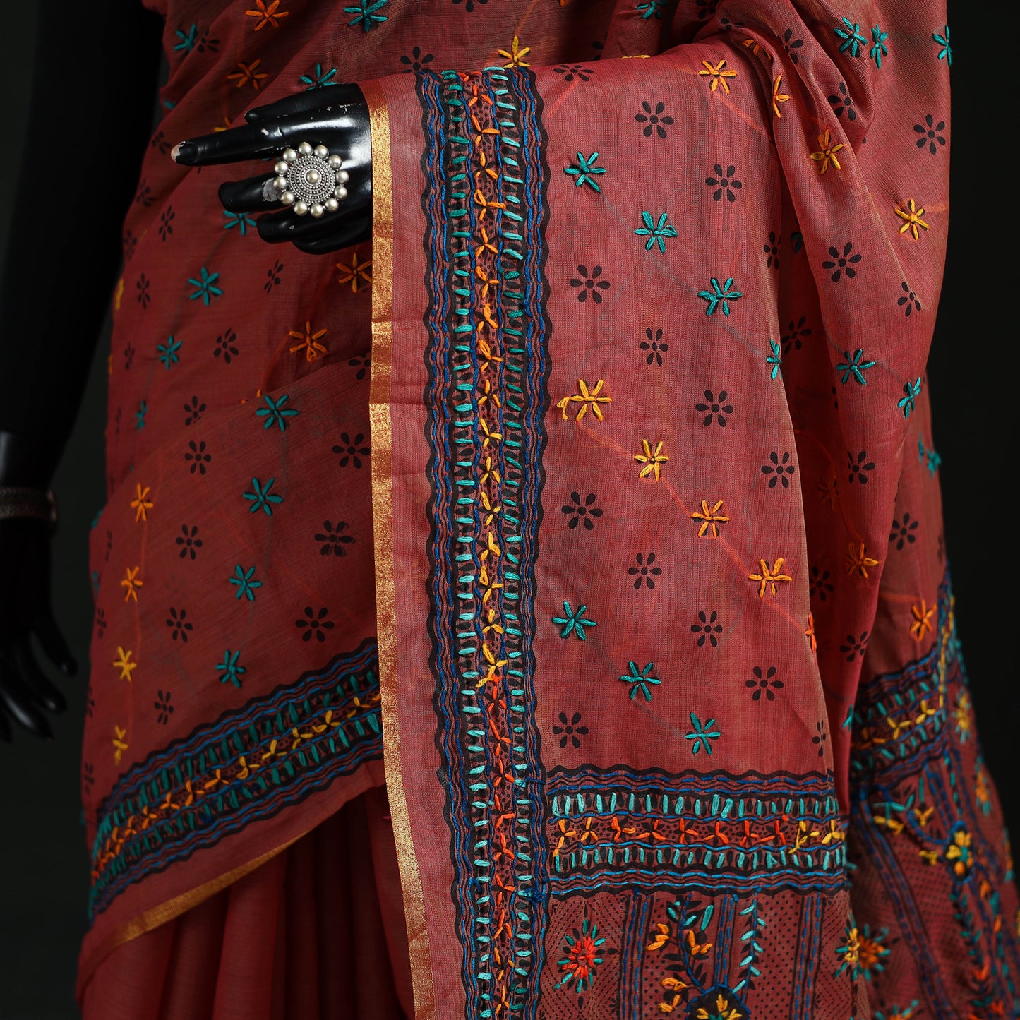 Red - Bengal Kantha Hand Embroidery Silk Cotton Chapa Work Saree 20