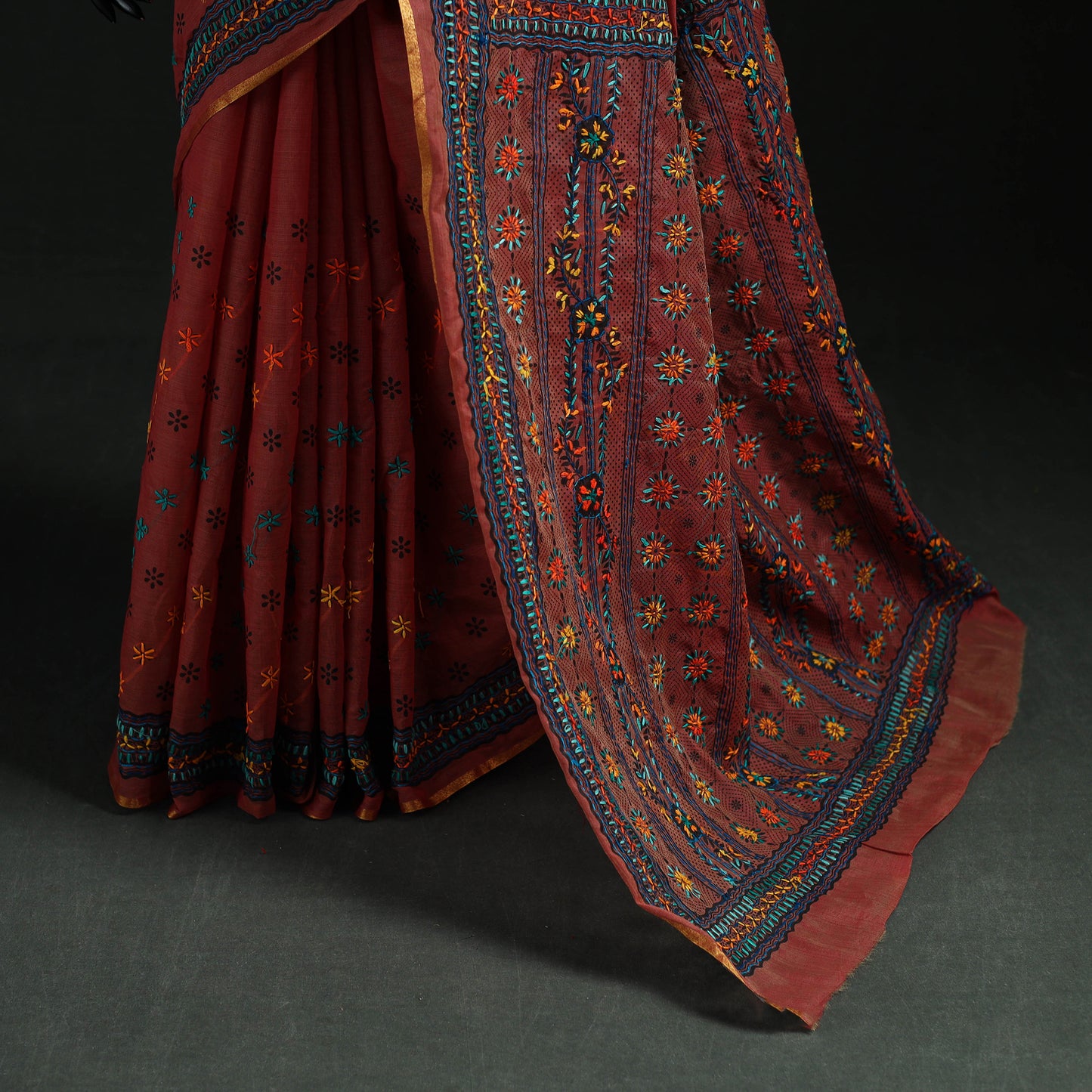 Red - Bengal Kantha Hand Embroidery Silk Cotton Chapa Work Saree 20