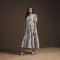 Sanganeri Floral Hand Block Print Cotton Tiered Long Dress for Women 11