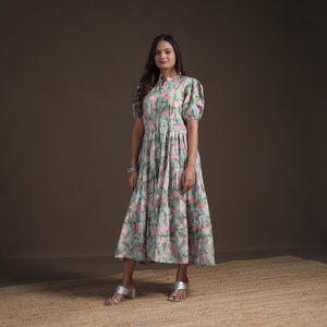 Sanganeri Floral Hand Block Print Cotton Tiered Long Dress for Women 11