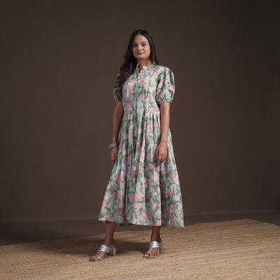 Sanganeri Floral Hand Block Print Cotton Tiered Long Dress for Women 11