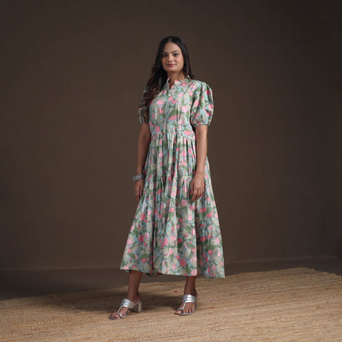 Sanganeri Floral Hand Block Print Cotton Tiered Long Dress for Women 11