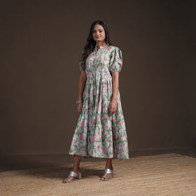 Sanganeri Floral Hand Block Print Cotton Tiered Long Dress for Women 11