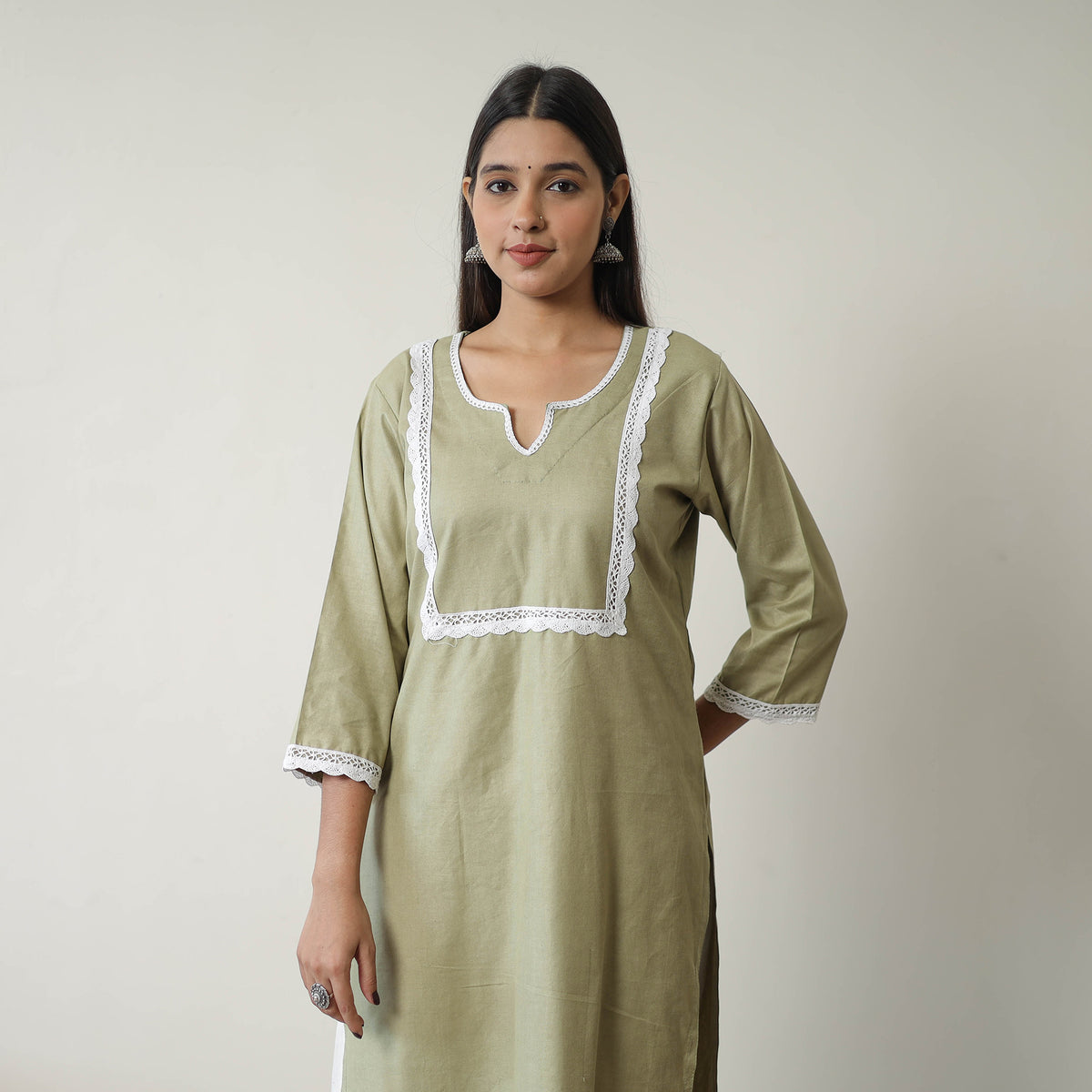 Ruhi Green Linen Cotton Plain Kurta with Lace Work