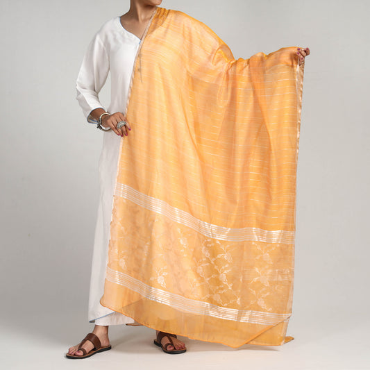 Orange - Traditional Chanderi Silk Handloom Jangala Palla Zari Stripe Dupatta
