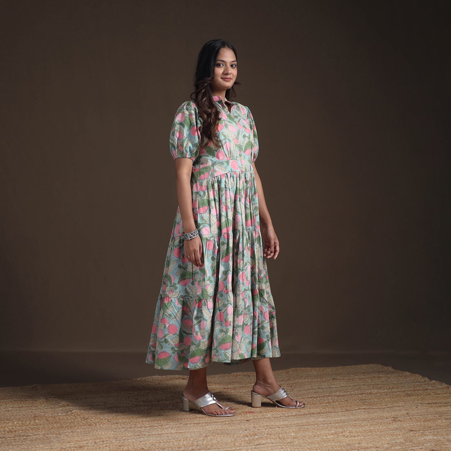 Sanganeri Floral Hand Block Print Cotton Tiered Long Dress for Women 11