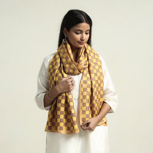 Yellow - Sujani Hand Embroidery Handloom Tussar Silk Stole