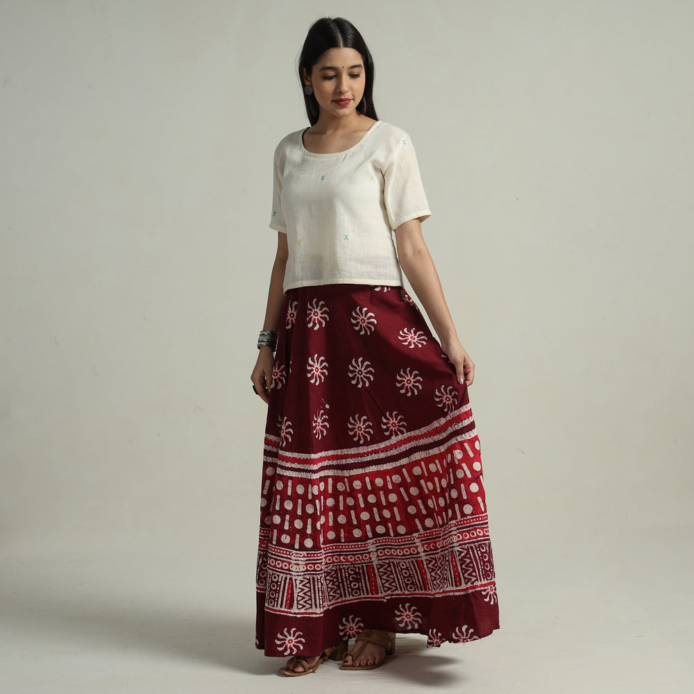 Maroon - Hand Batik Printed Running Stitch Cotton Long Skirt 92