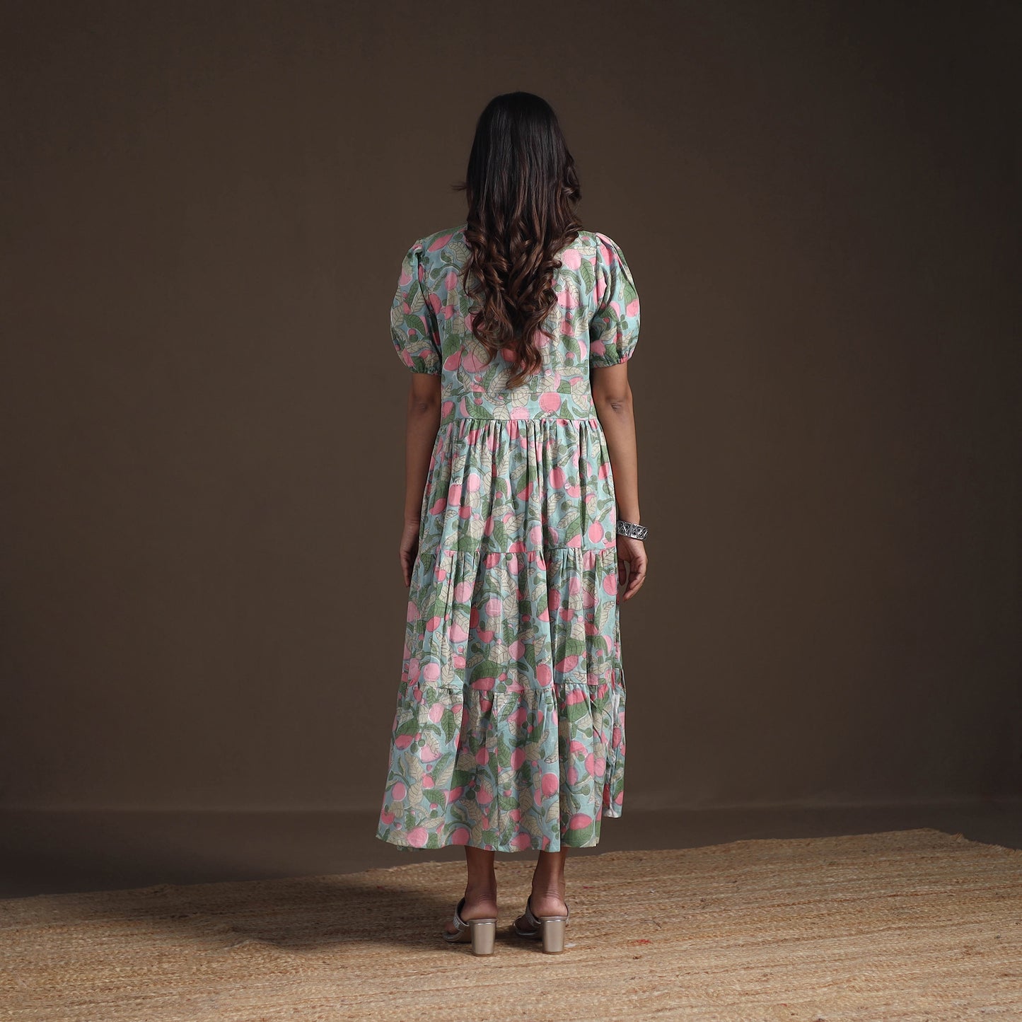 Sanganeri Floral Hand Block Print Cotton Tiered Long Dress for Women 11