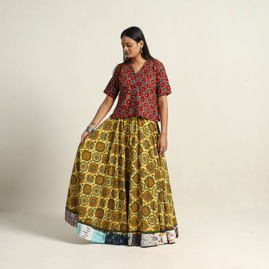 Yellow - Hand Block Printed Cotton Long Ajrakh Skirt 14