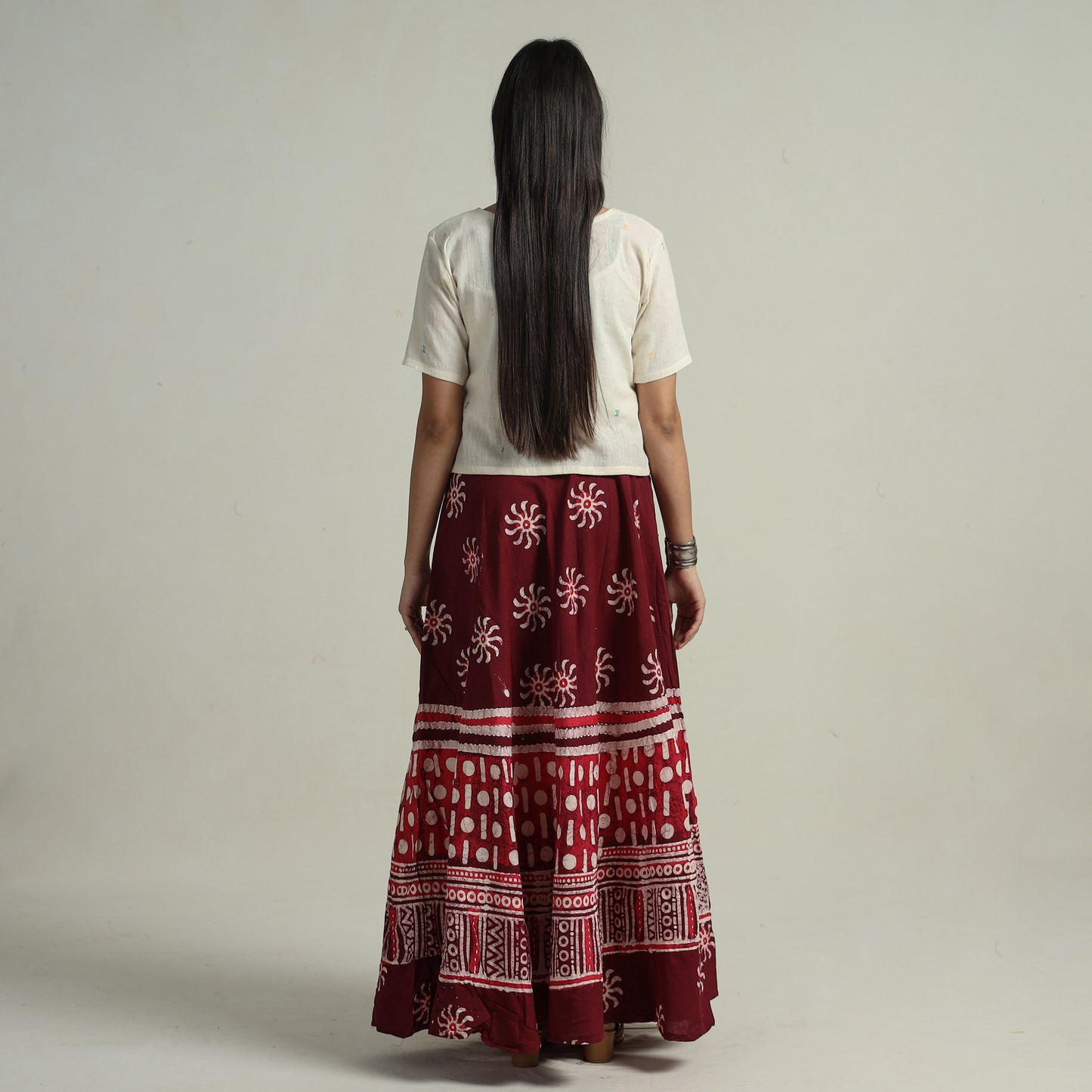 Maroon - Hand Batik Printed Running Stitch Cotton Long Skirt 92