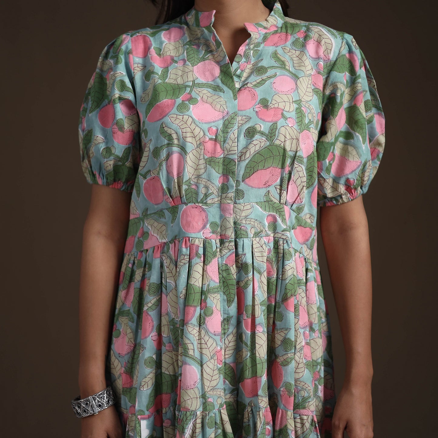 Sanganeri Floral Hand Block Print Cotton Tiered Long Dress for Women 11
