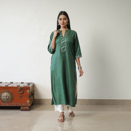 Mahira Green Linen Cotton Plain Kurta with Gota Work