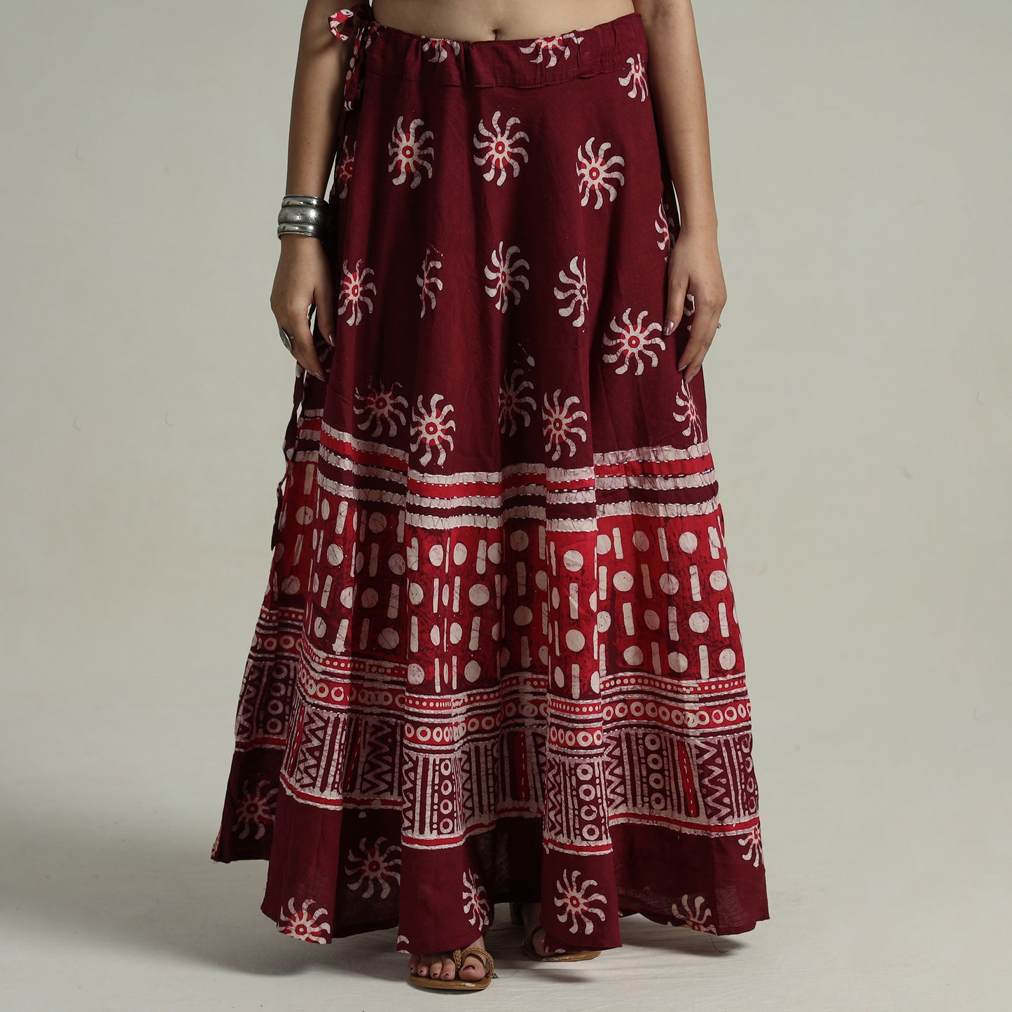 Maroon - Hand Batik Printed Running Stitch Cotton Long Skirt 92