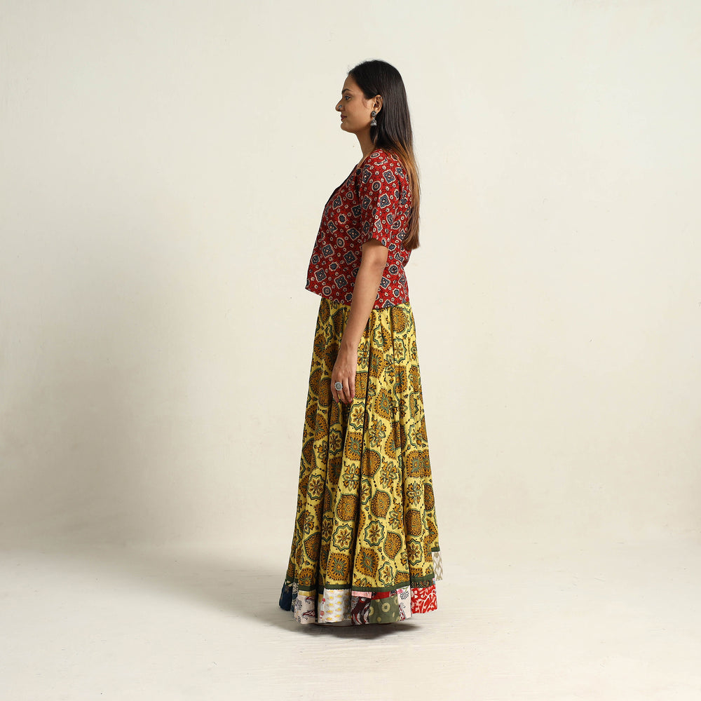 Yellow - Hand Block Printed Cotton Long Ajrakh Skirt 14